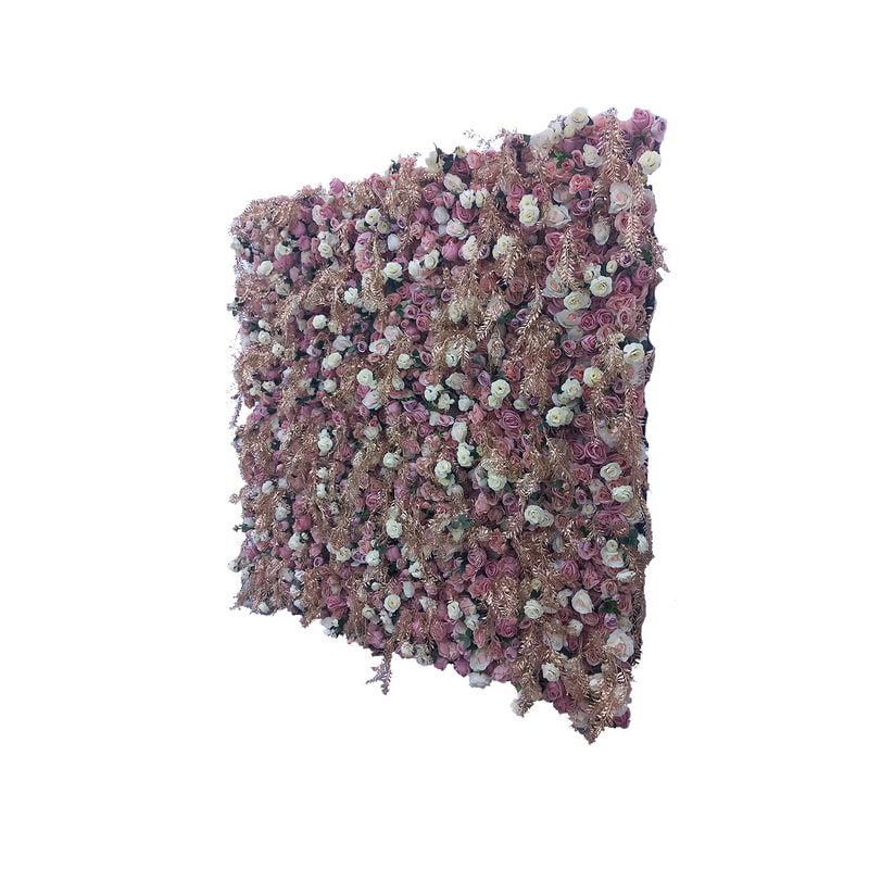 P-DP103-LP Flower wall with soft pink and white roses with long gold leaf details