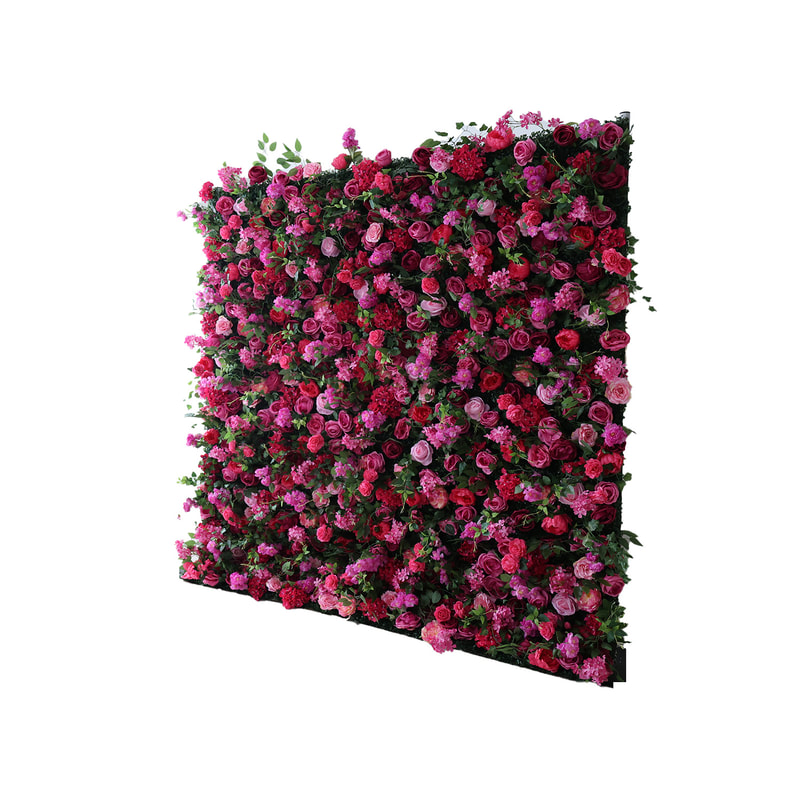 P-DP105-HP Flower wall with deep red and strong pink flowers and green foliage