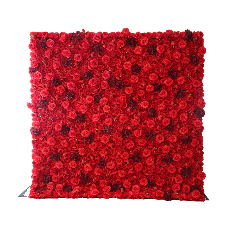P-DP109-DR Flower wall  with a variety of sizes of artificial red roses and complimentary blossoms