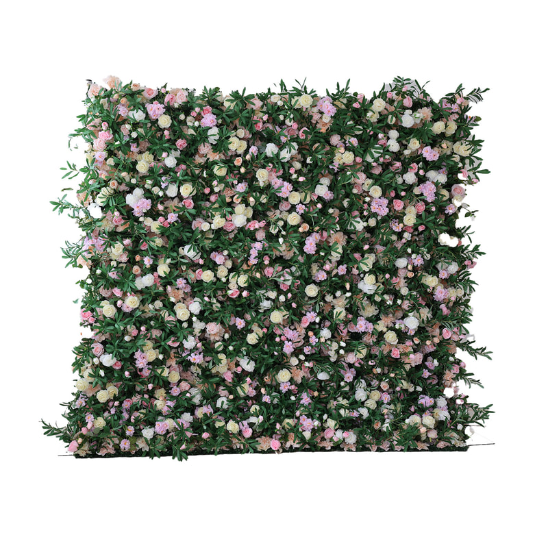 P-DP112-PW Flower wall with various soft pink to white flowers and green foliage