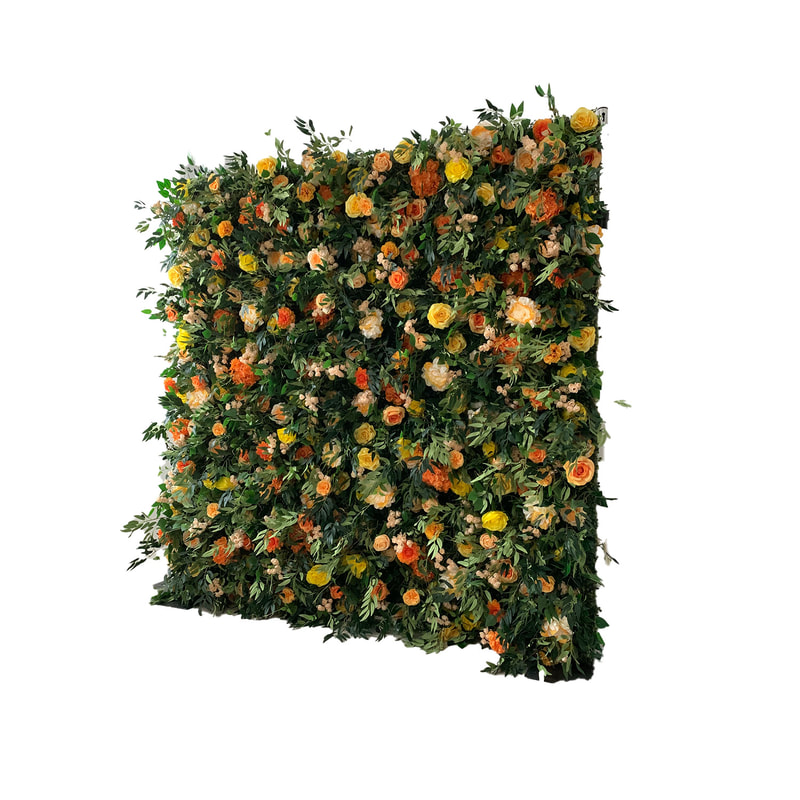 P-DP113-OR Flower wall  with shades of yellow and orange flowers with green foliage